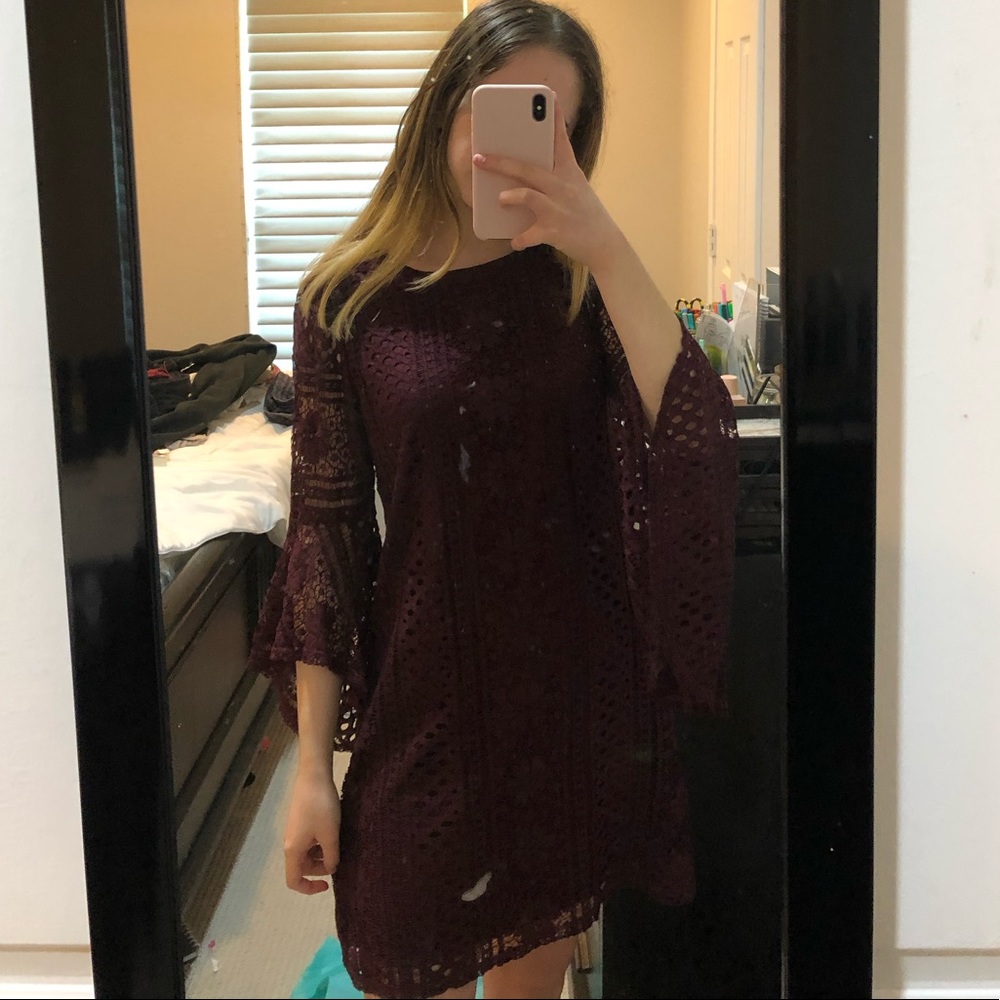 Maroon lace bell sleeve dress